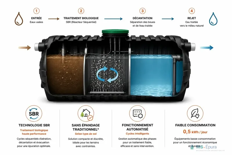 Schéma de fonctionnement d'une micro station d'épuration SBR Acticlever 122 — prétraitement, traitement biologique et rejet